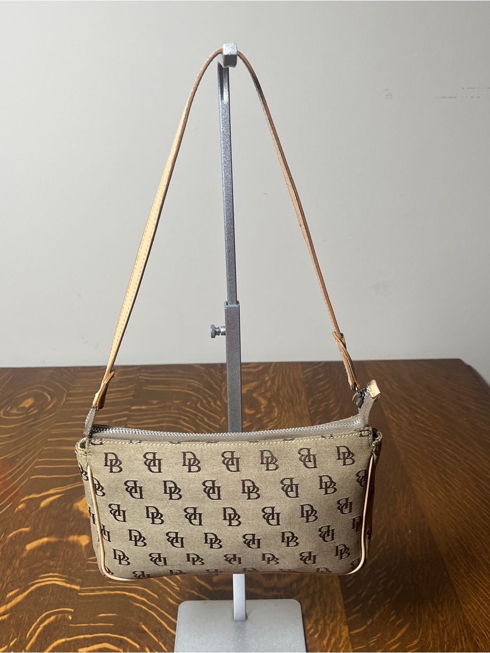 Dooney & Bourke Tan Logo Jacquard Small Shoulder Bag with leather trim